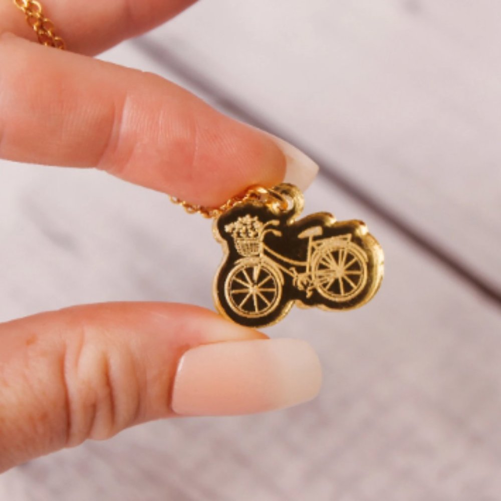 Bicycle Necklace Gold Acrylic Pendant with 18 inch Gold Chain